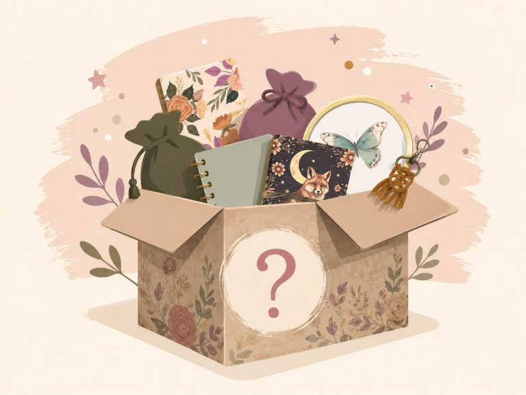 An open mystery box spilling out journals, a butterfly mirror, pouches and a tassel keyring
